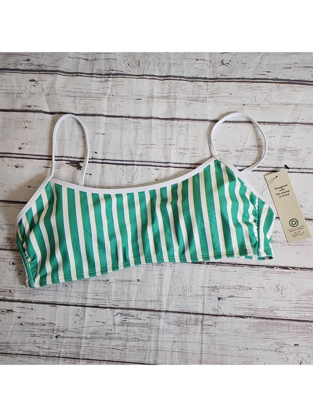 No Boundaries Swim Top Large Green White Yellow Stripe Bikini Bralette NWT